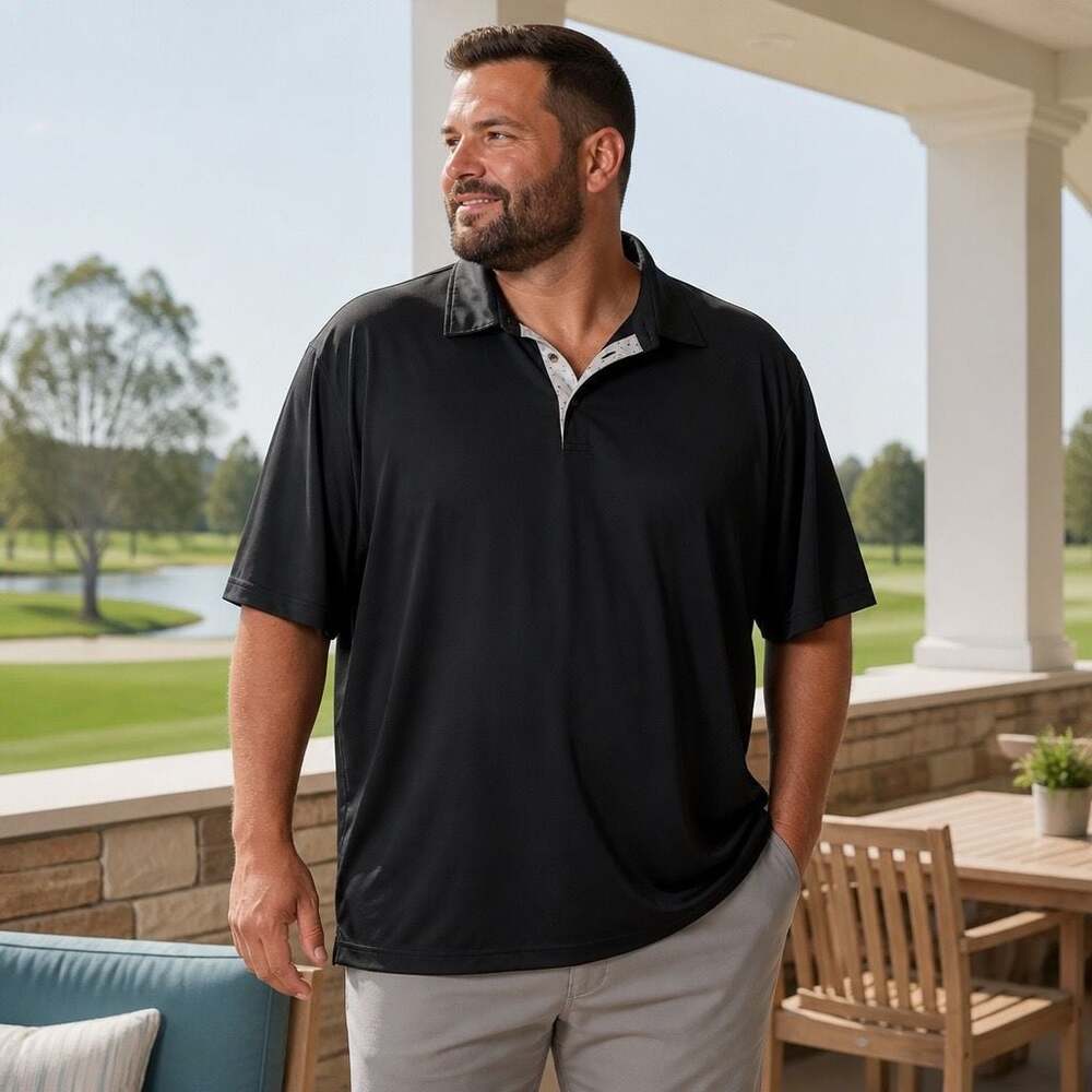 TGW Men's Performance Golf Polo Shirt, Black with Patterned Collar, 2XLT